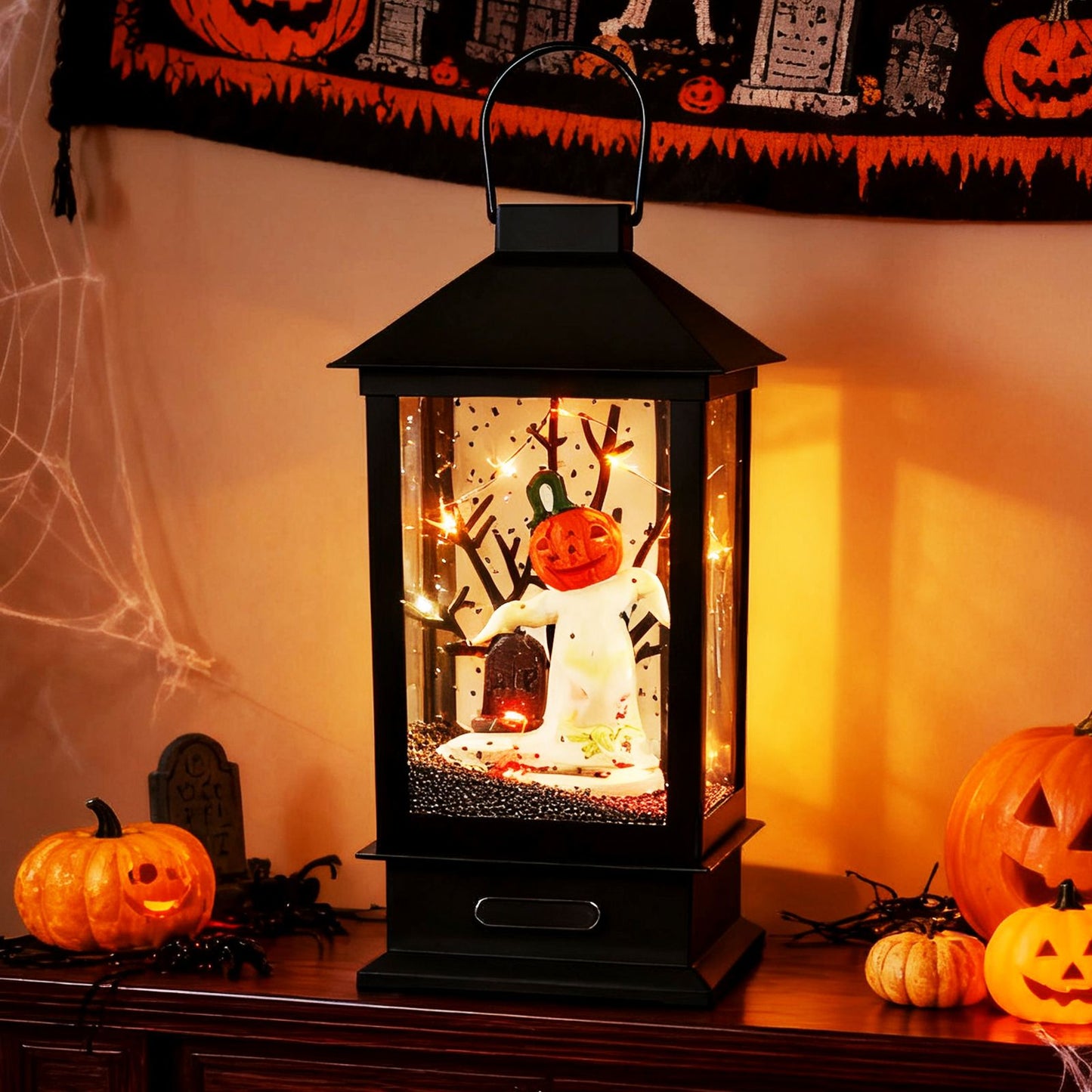 155 Cm Halloween Deko Straßenlampe Mit 6-Farbigen Led-Leuchten & Musik & Schwarzem Schneeeffekt