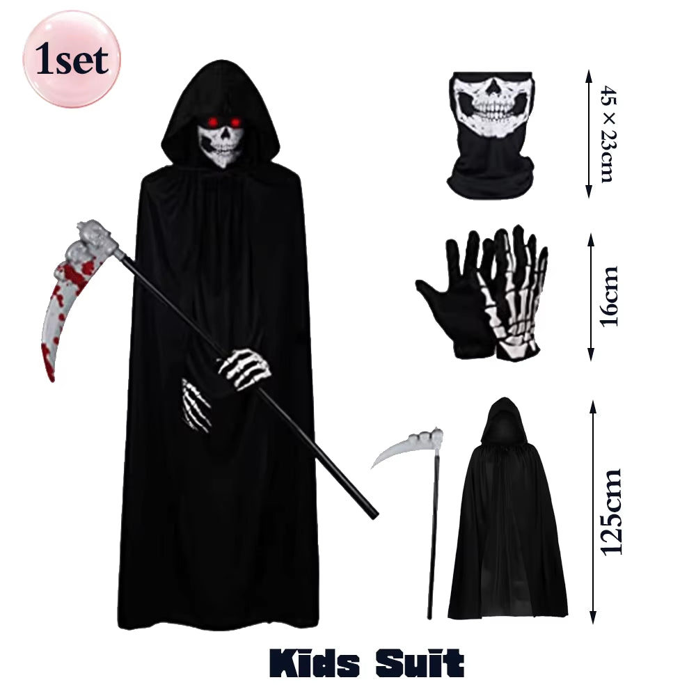 Scary Halloween Ghost Reaper Costume Hooded Cape Skull Mask Gloves Scythe Set Adult Kids Horror Grim Reaper Halloween Decoration
