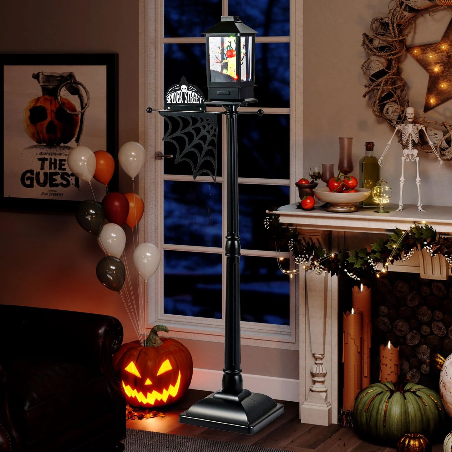 155 Cm Halloween Deko Straßenlampe Mit 6-Farbigen Led-Leuchten & Musik & Schwarzem Schneeeffekt