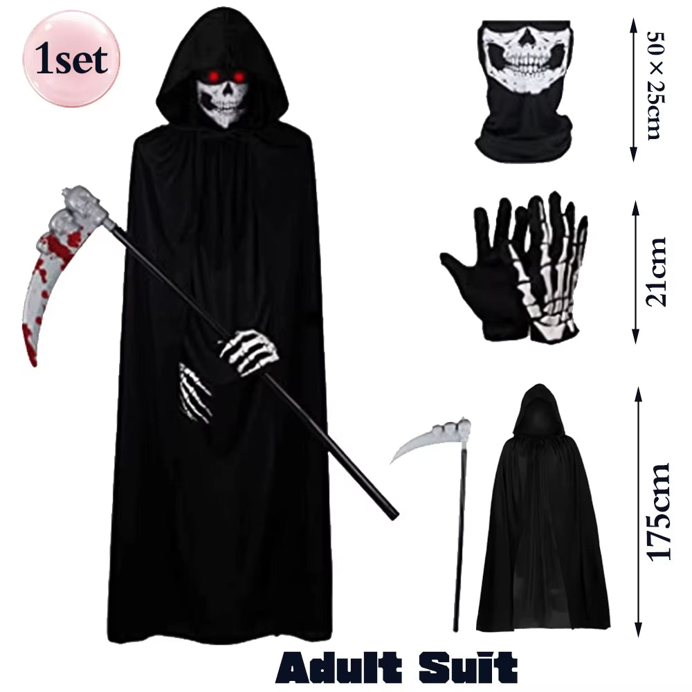 Scary Halloween Ghost Reaper Costume Hooded Cape Skull Mask Gloves Scythe Set Adult Kids Horror Grim Reaper Halloween Decoration