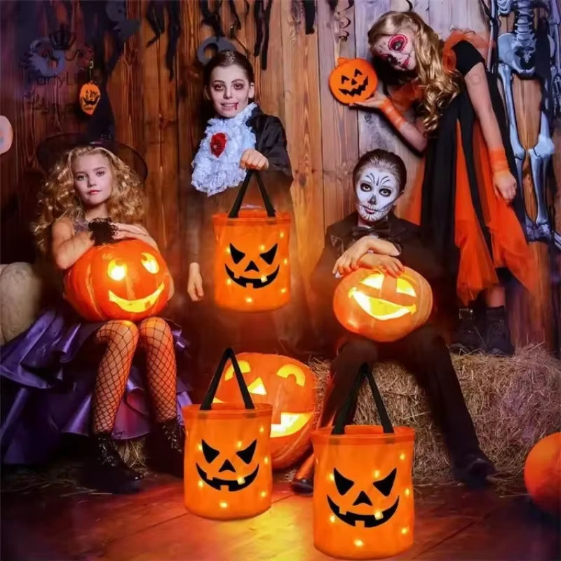 1-20PC LED Halloween Pumpkin Basket Light up Candy Tote Bag for Kids Trick or Treat Party Gift Bucket for Holiday Decoration Use