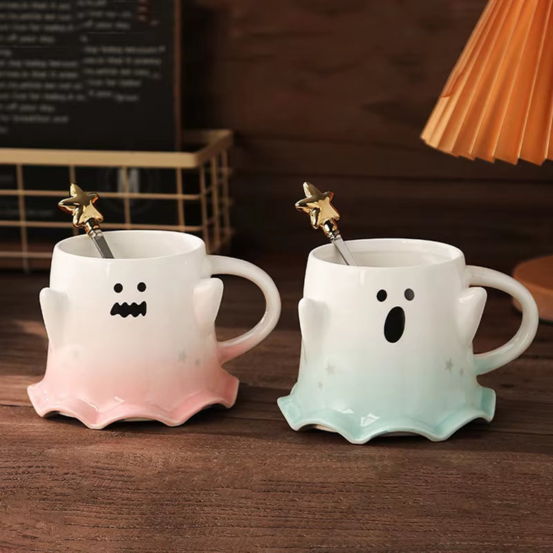 Halloween Ceramic Mugs Creative Ghost Coffee Milk Mug with Spoon Couple Water Cup Halloween Drinkware Festival Gifts Decoration