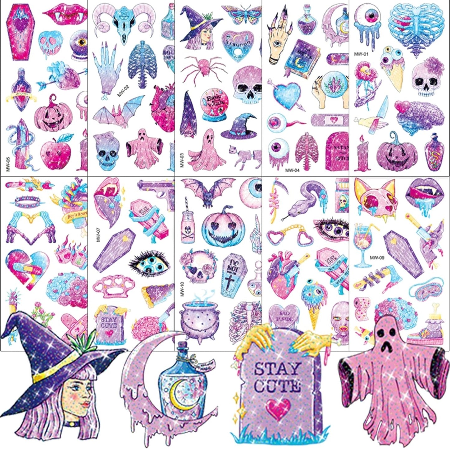 10 Blatt Glitzer Tattoo Halloween, Halloween Tattoo Kinder, Halloween Temporä...