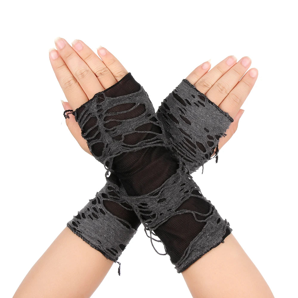 Casaul Broken Slit Gloves Sexy Gothic Fingerless Gloves Halloween Gloves Black Ripped Holes Decor Cosplay Gloves for Adults
