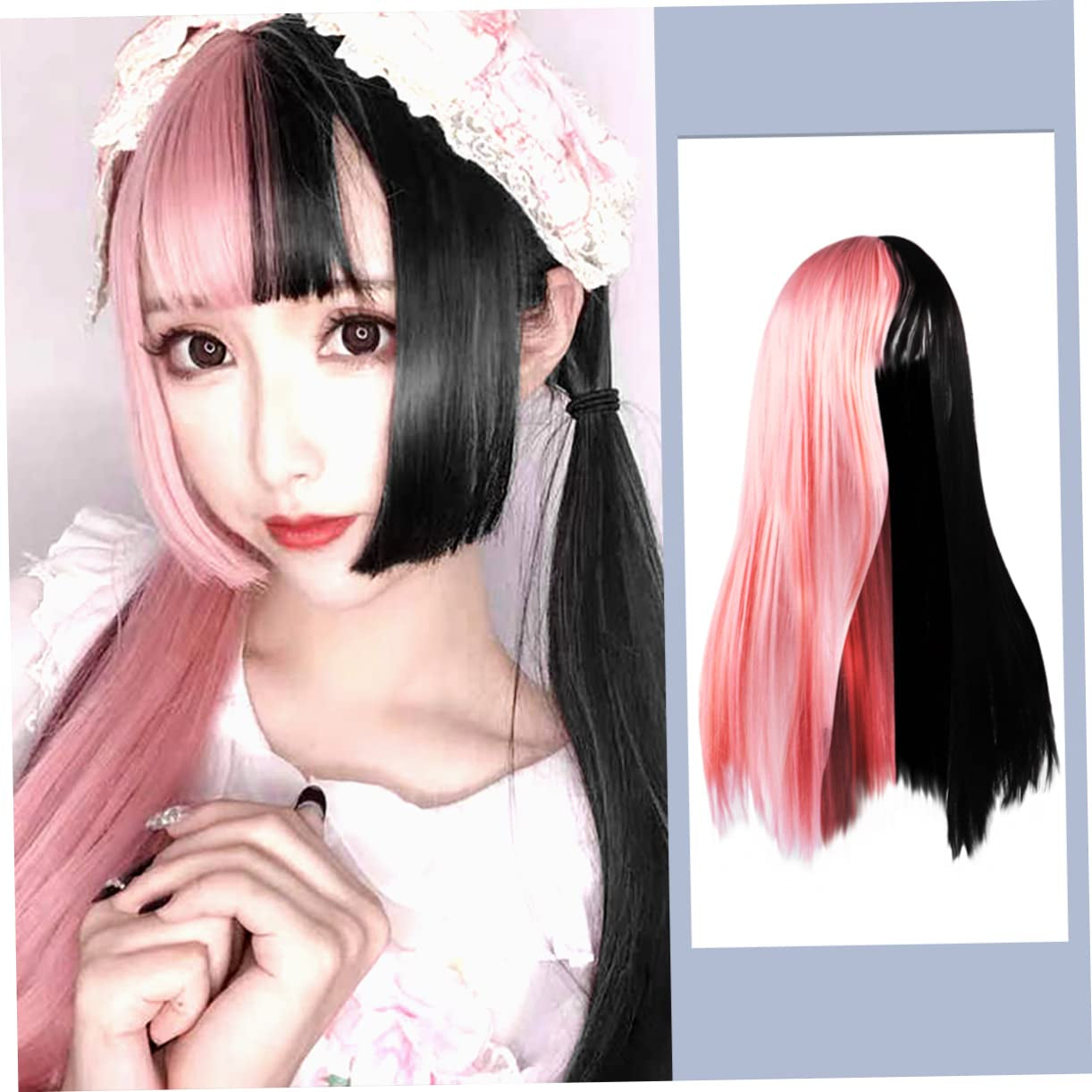 MAGICLULU Damen Lange Perücke Schwarz Und Rosa Glatte Farbverlaufsperücke Für Halloween Cosplay Partys Haarschmuck Kunsthaarperücke Mit Mittelteil Für Frauen