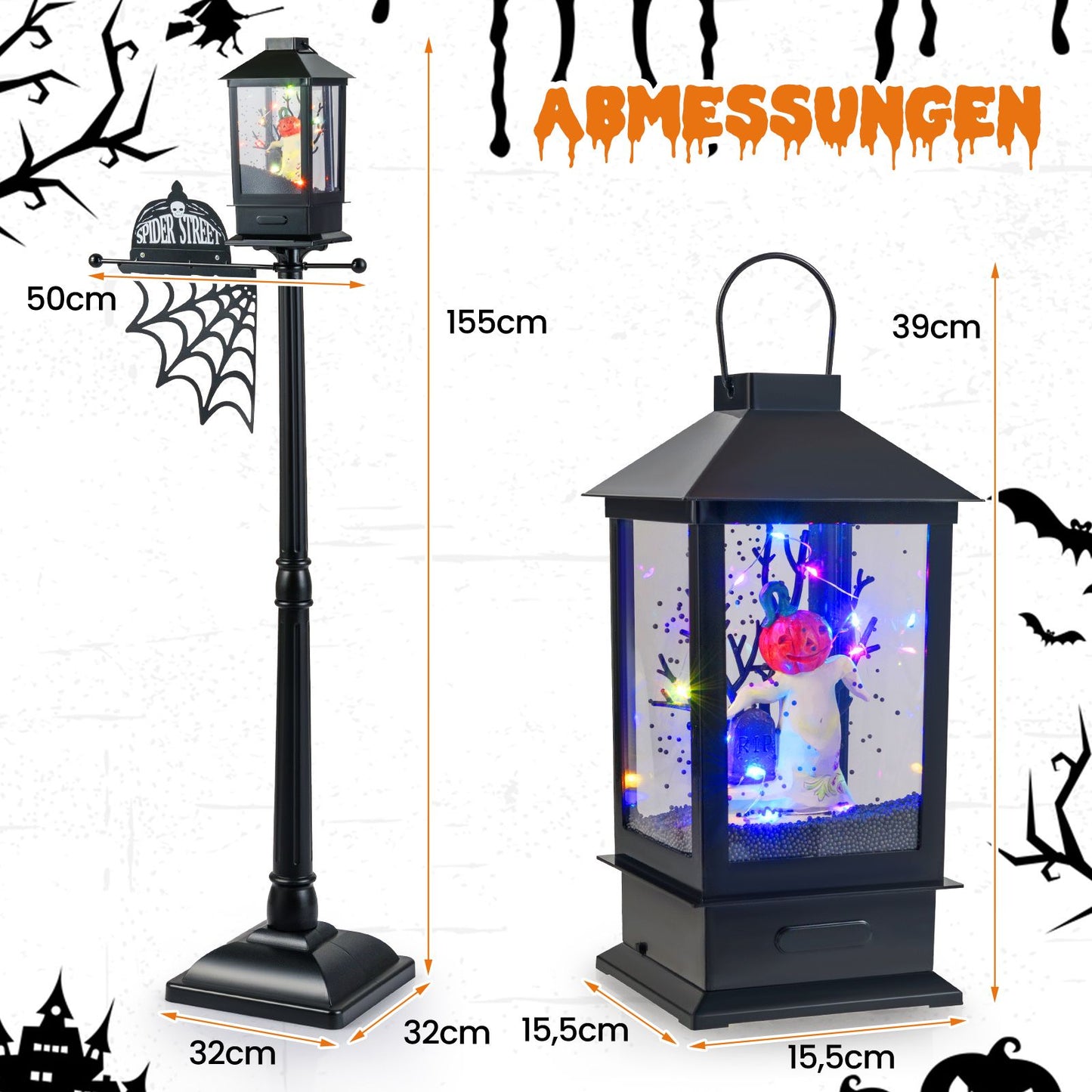 155 Cm Halloween Deko Straßenlampe Mit 6-Farbigen Led-Leuchten & Musik & Schwarzem Schneeeffekt