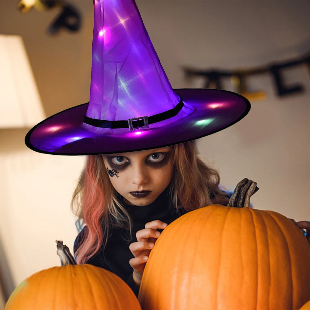 Halloween LED Luminous Witch Hat Glowing Witches Hat Headdress for Children Adult Party Costume Halloween Decoration Supplies