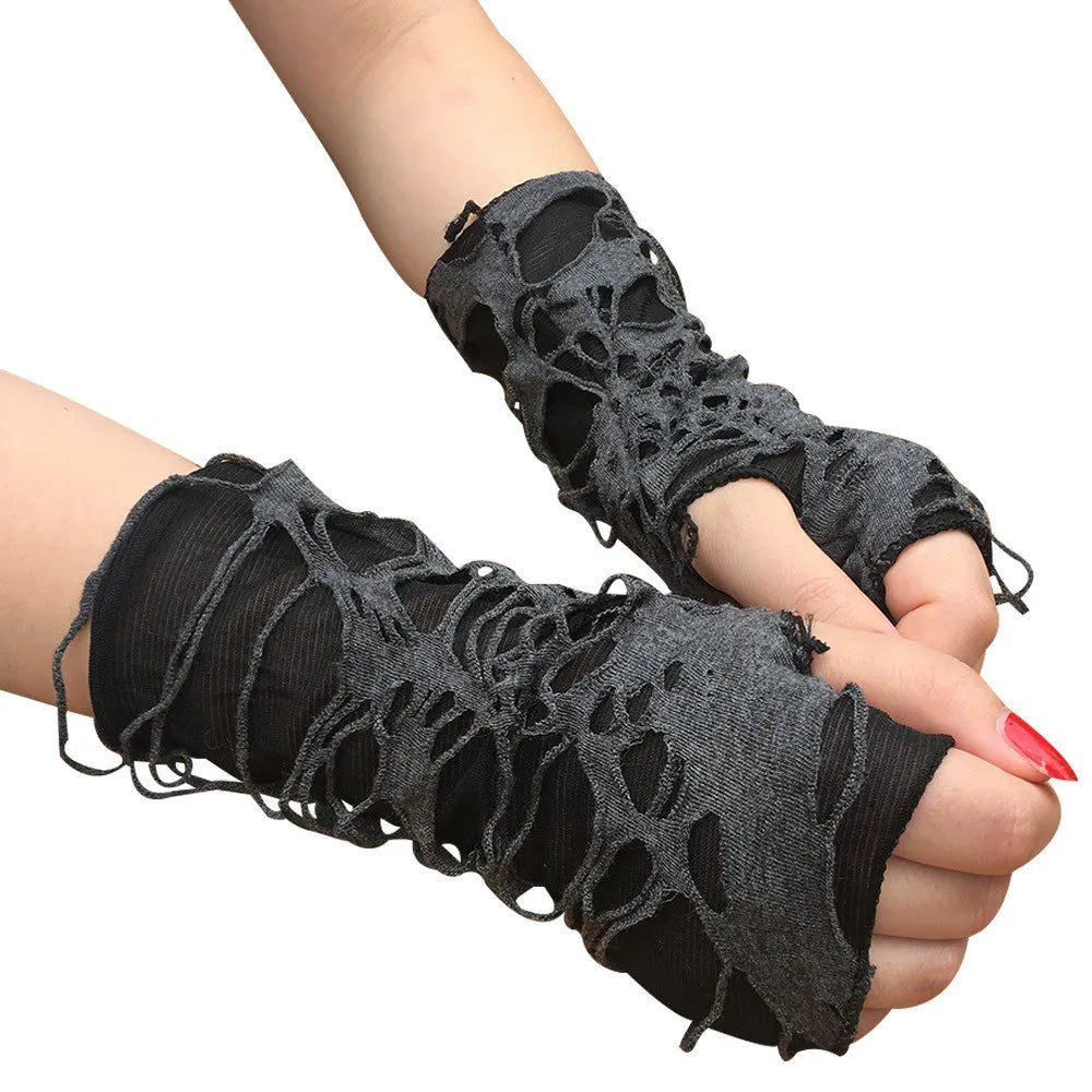 Casaul Broken Slit Gloves Sexy Gothic Fingerless Gloves Halloween Gloves Black Ripped Holes Decor Cosplay Gloves for Adults