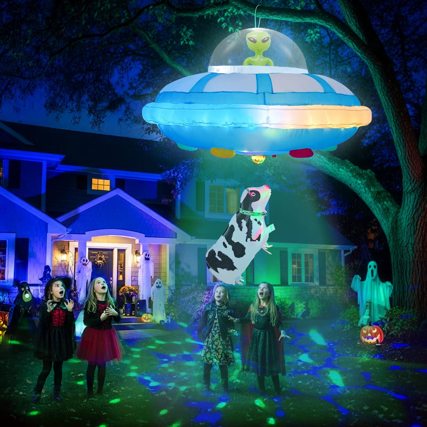 Ourwarm 4FT Halloween Inflatable Outdoor Decoration, Hanging UFO Cow Abduction Inflatable, Alien Halloween Blow up Yard Decor