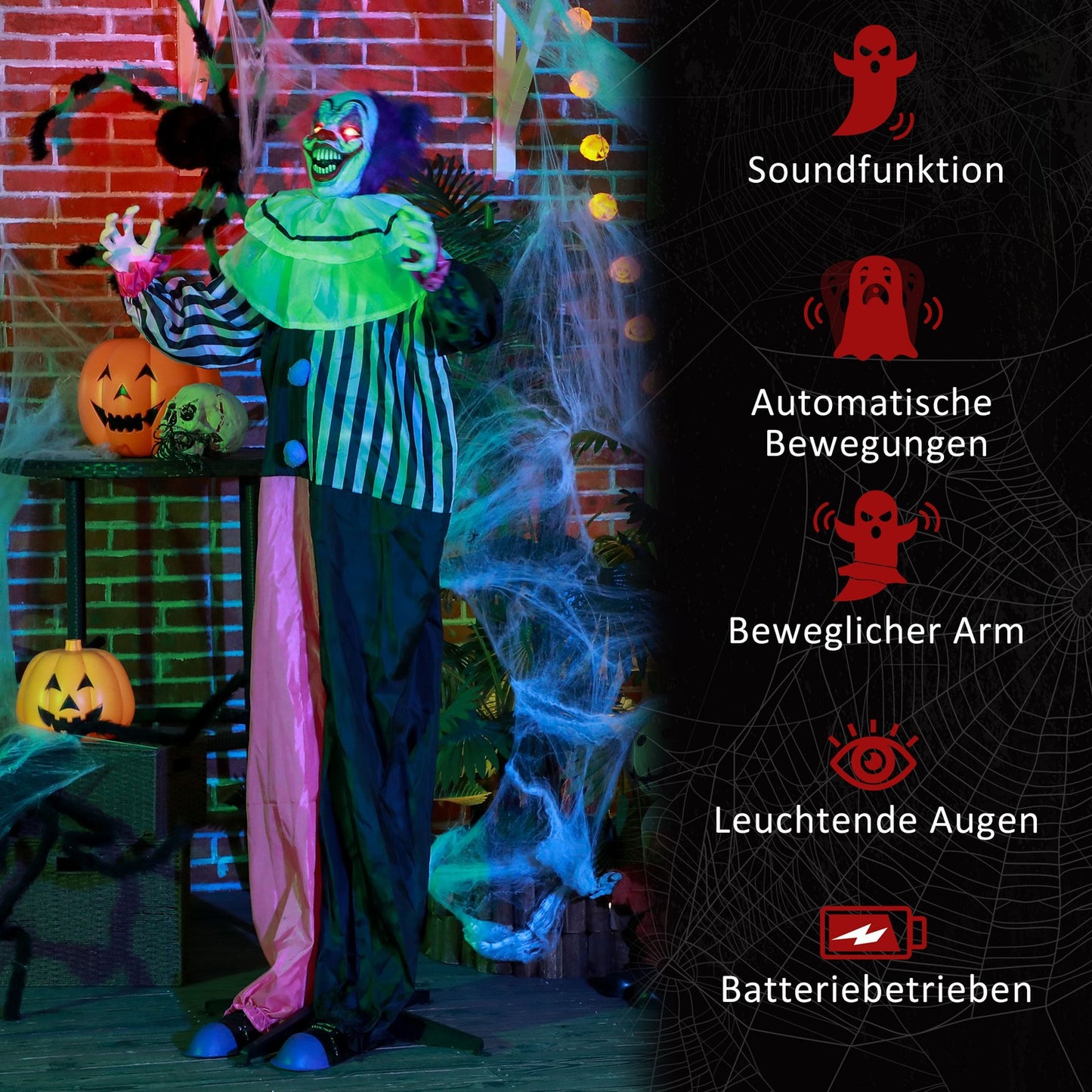 Halloween Dekoration 173 Cm Grusel-Clown Mit Led-Lichter, Soundfunktion
