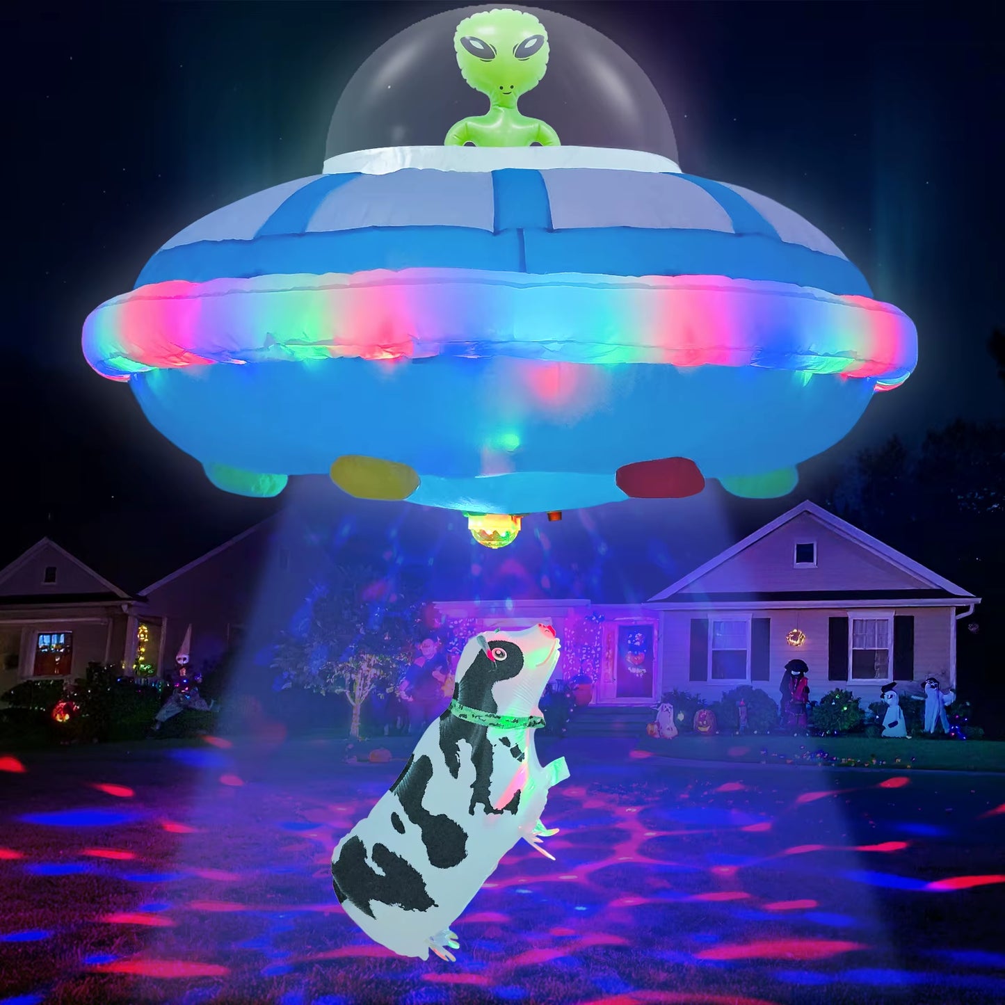 Ourwarm 4FT Halloween Inflatable Outdoor Decoration, Hanging UFO Cow Abduction Inflatable, Alien Halloween Blow up Yard Decor