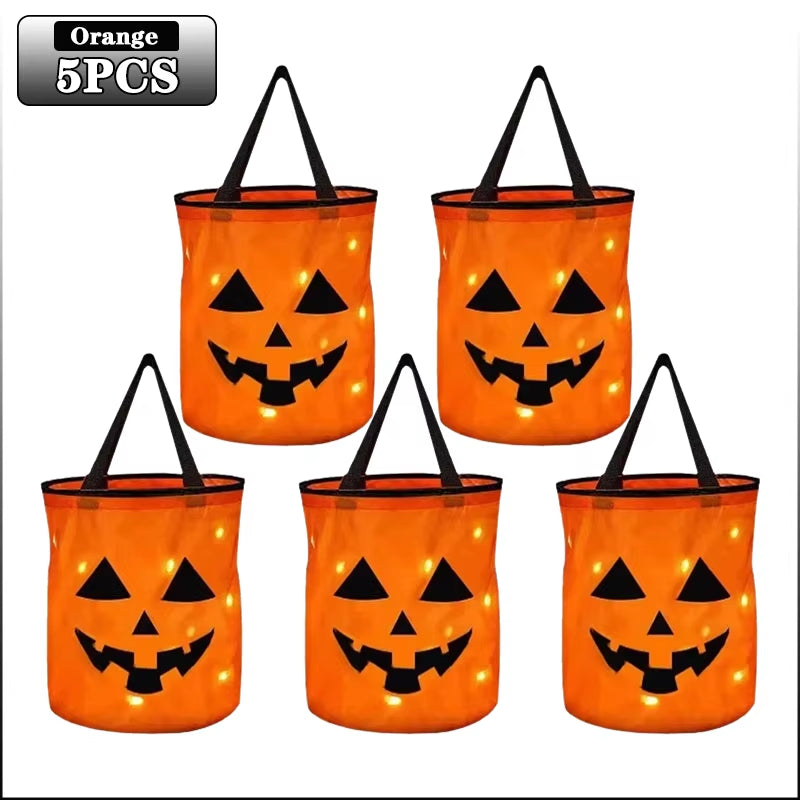 1-20PC LED Halloween Pumpkin Basket Light up Candy Tote Bag for Kids Trick or Treat Party Gift Bucket for Holiday Decoration Use