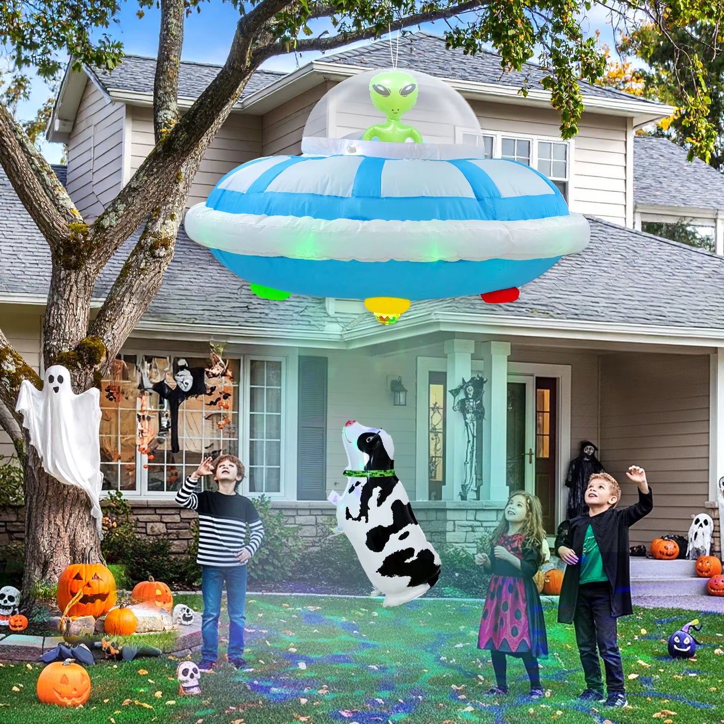 Ourwarm 4FT Halloween Inflatable Outdoor Decoration, Hanging UFO Cow Abduction Inflatable, Alien Halloween Blow up Yard Decor
