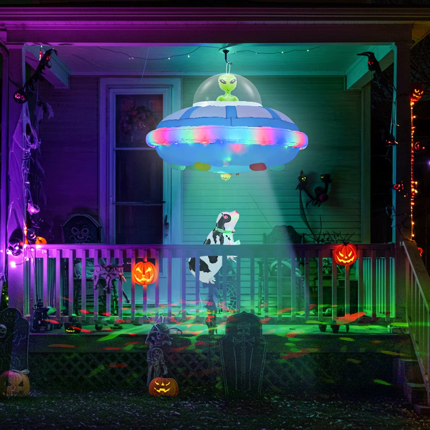 Ourwarm 4FT Halloween Inflatable Outdoor Decoration, Hanging UFO Cow Abduction Inflatable, Alien Halloween Blow up Yard Decor