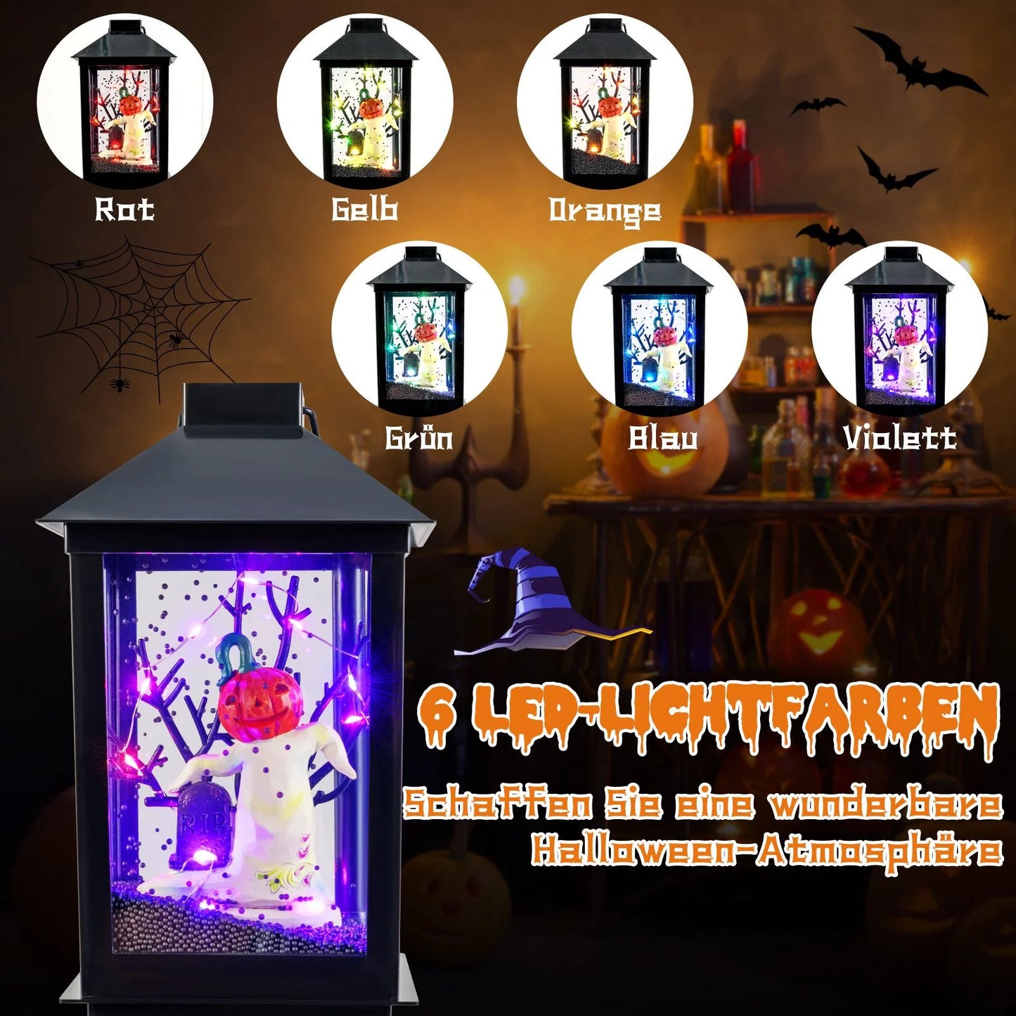 155 Cm Halloween Deko Straßenlampe Mit 6-Farbigen Led-Leuchten & Musik & Schwarzem Schneeeffekt
