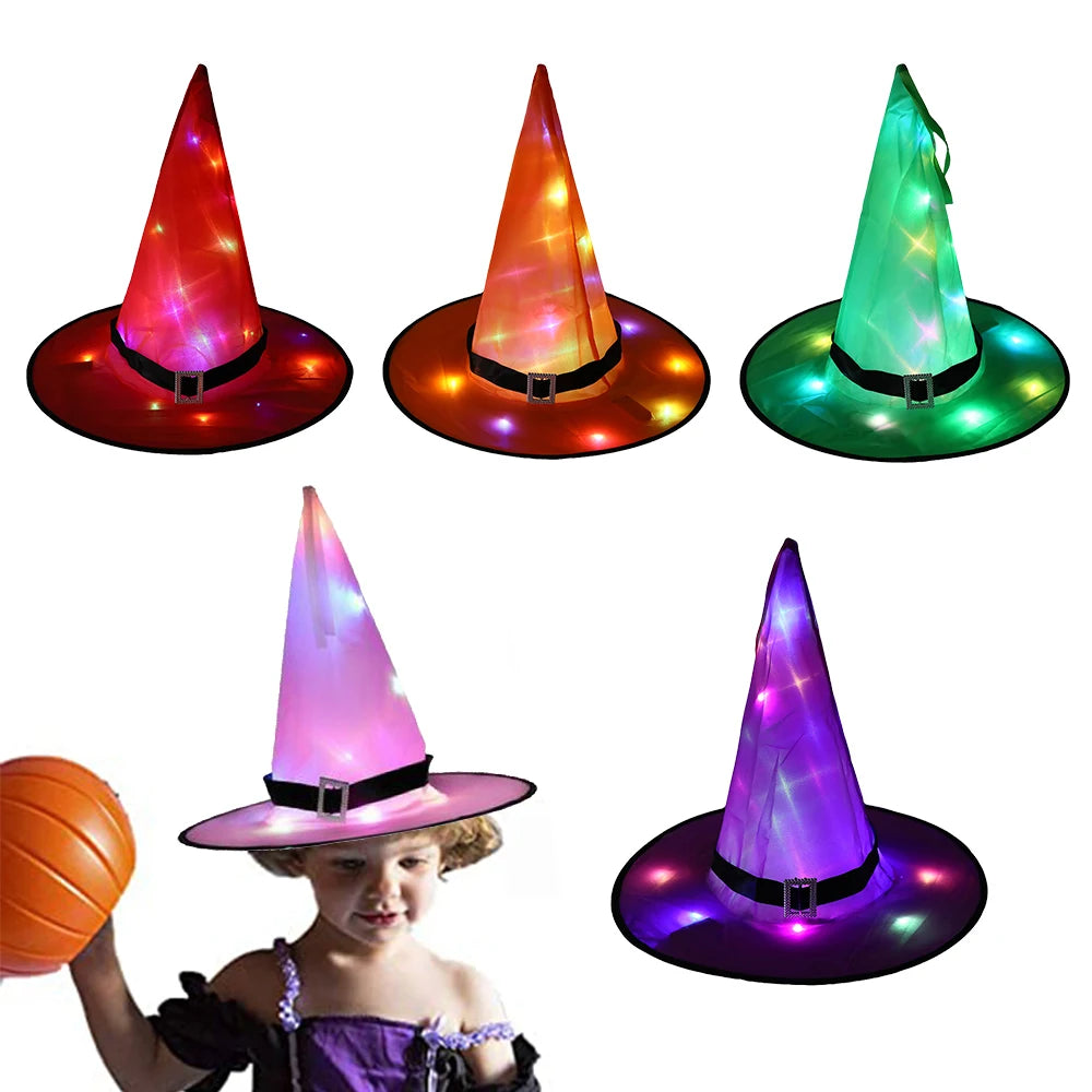 Halloween LED Luminous Witch Hat Glowing Witches Hat Headdress for Children Adult Party Costume Halloween Decoration Supplies