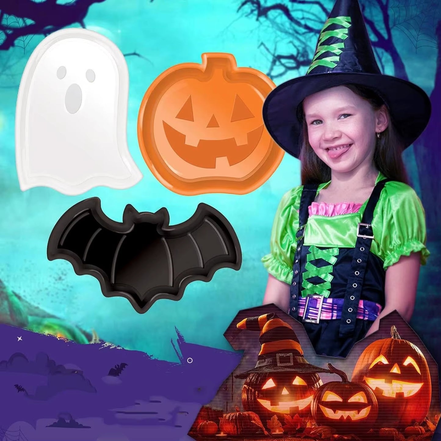 Halloween Party Plastic Serving Trays Pumpkin Ghost Bat Candy Snack Plates for Holiday Party Decor Table Display