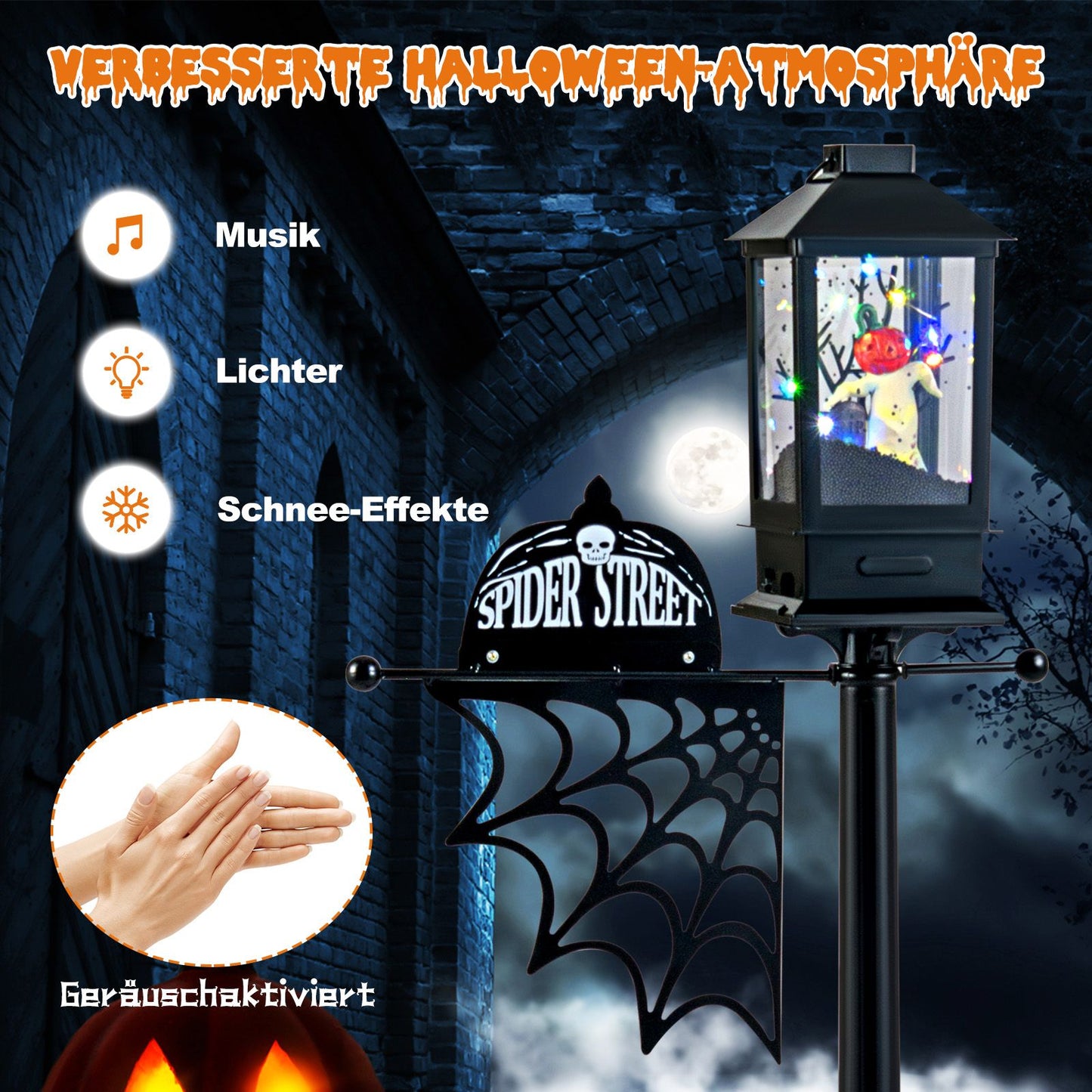 155 Cm Halloween Deko Straßenlampe Mit 6-Farbigen Led-Leuchten & Musik & Schwarzem Schneeeffekt