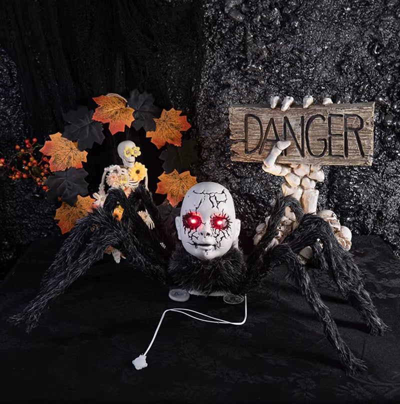 Horror Halloween Electric Walking with Sound Light Doll Face Spider Haunted House Prop Plush Spider Model Halloween Party Decor
