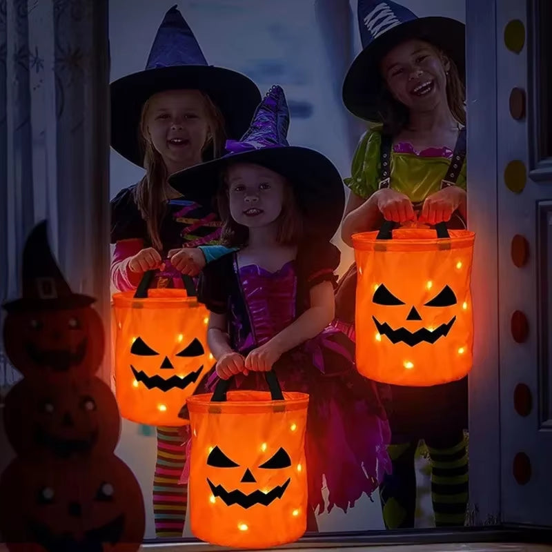 1-20PC LED Halloween Pumpkin Basket Light up Candy Tote Bag for Kids Trick or Treat Party Gift Bucket for Holiday Decoration Use