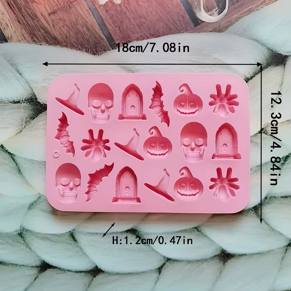 18 Cavities Halloween Silicone Molds Ghost Pumpkin Bat Skull Witch Hat for DIY Halloween Chocolate Candy Baking Mold