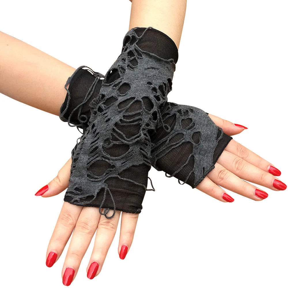 Casaul Broken Slit Gloves Sexy Gothic Fingerless Gloves Halloween Gloves Black Ripped Holes Decor Cosplay Gloves for Adults