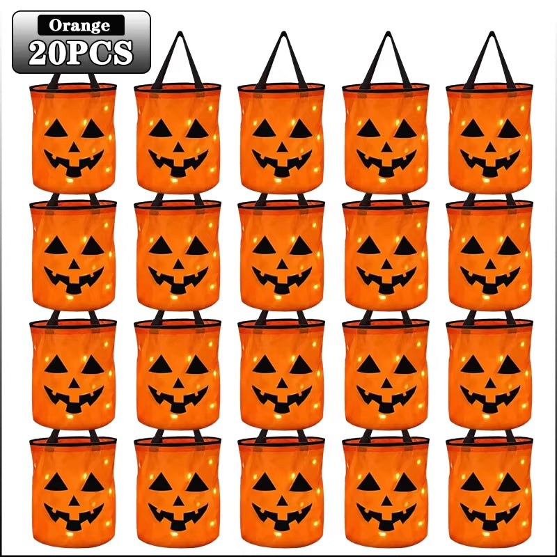 1-20PC LED Halloween Pumpkin Basket Light up Candy Tote Bag for Kids Trick or Treat Party Gift Bucket for Holiday Decoration Use