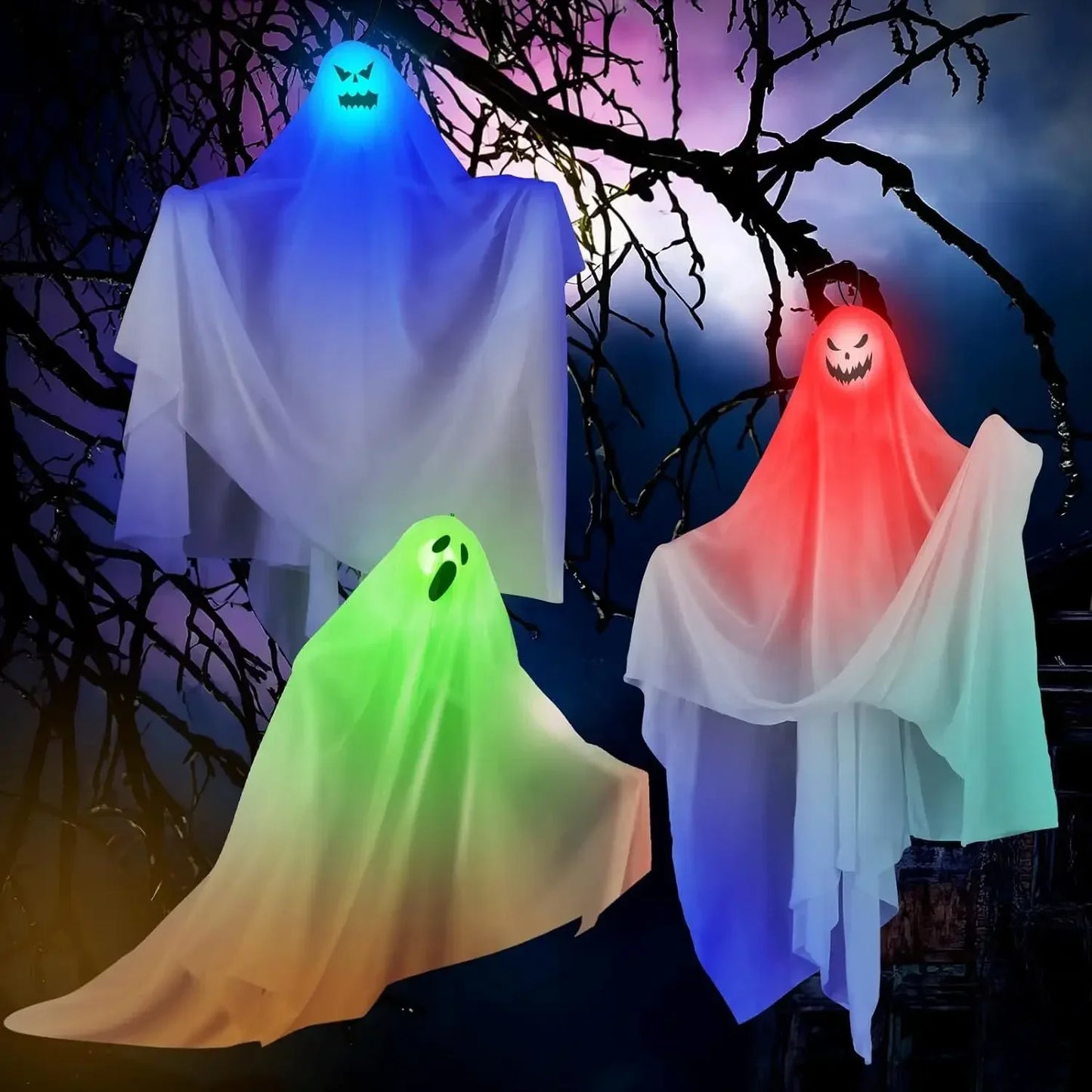 1-10PCS Halloween Scary LED Lights Glowing Hanging Ghost Venue Setting Horror Door Hanging Haunted House Props Halloween Props