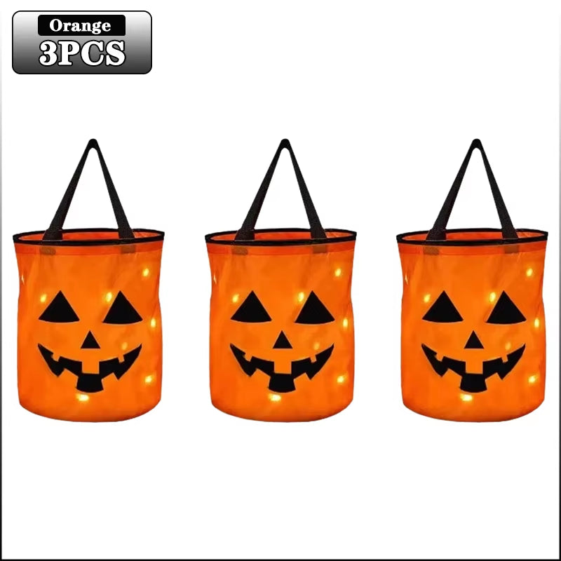 1-20PC LED Halloween Pumpkin Basket Light up Candy Tote Bag for Kids Trick or Treat Party Gift Bucket for Holiday Decoration Use