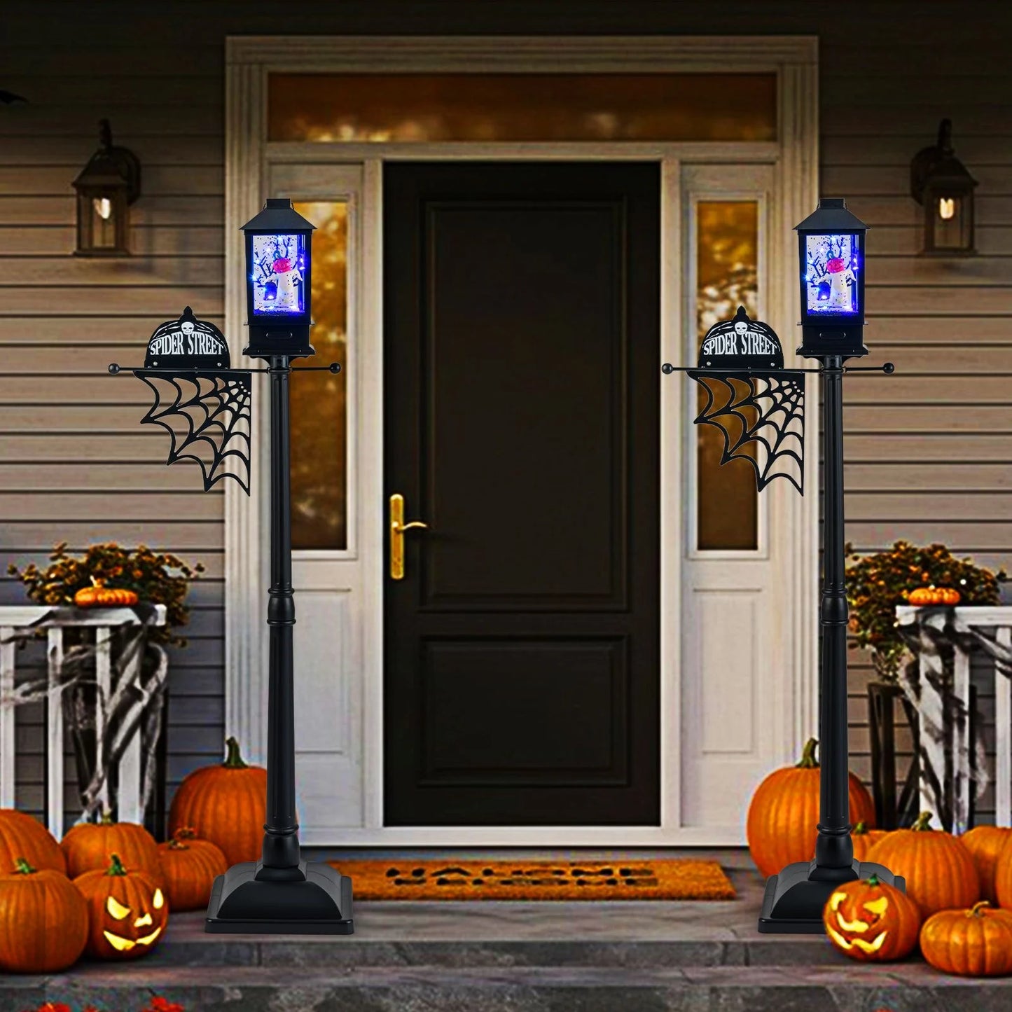 155 Cm Halloween Deko Straßenlampe Mit 6-Farbigen Led-Leuchten & Musik & Schwarzem Schneeeffekt