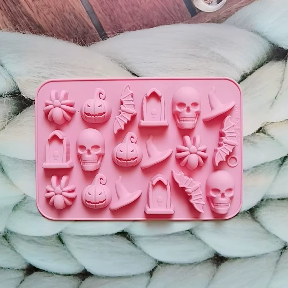 18 Cavities Halloween Silicone Molds Ghost Pumpkin Bat Skull Witch Hat for DIY Halloween Chocolate Candy Baking Mold
