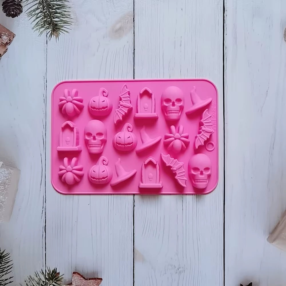 18 Cavities Halloween Silicone Molds Ghost Pumpkin Bat Skull Witch Hat for DIY Halloween Chocolate Candy Baking Mold