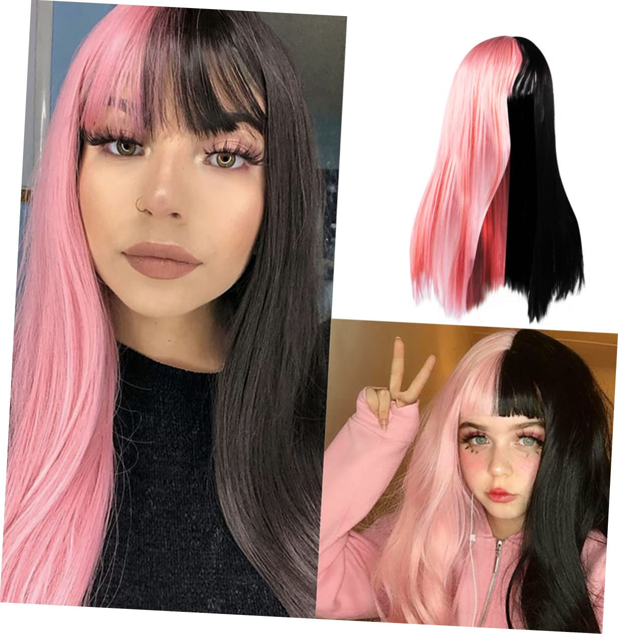 MAGICLULU Damen Lange Perücke Schwarz Und Rosa Glatte Farbverlaufsperücke Für Halloween Cosplay Partys Haarschmuck Kunsthaarperücke Mit Mittelteil Für Frauen
