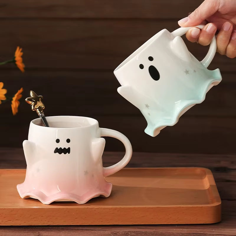 Halloween Ceramic Mugs Creative Ghost Coffee Milk Mug with Spoon Couple Water Cup Halloween Drinkware Festival Gifts Decoration