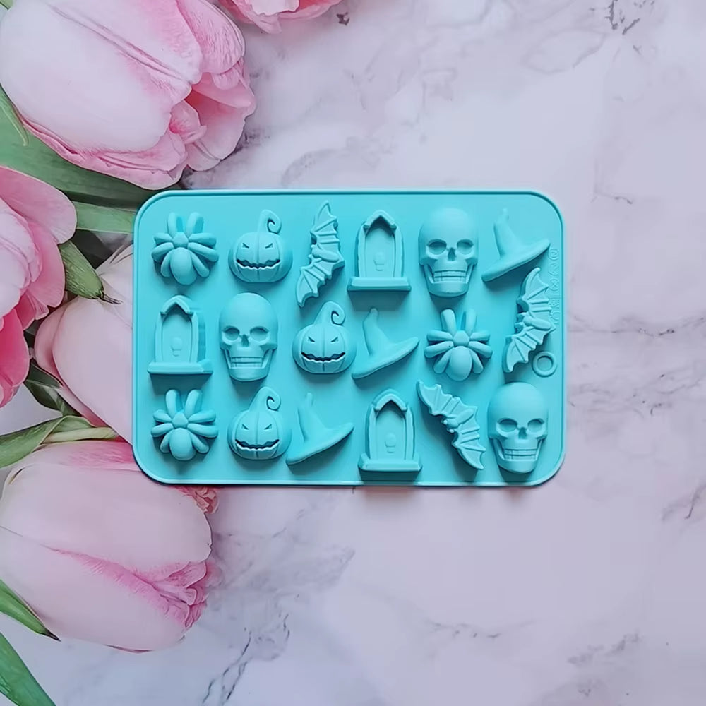 18 Cavities Halloween Silicone Molds Ghost Pumpkin Bat Skull Witch Hat for DIY Halloween Chocolate Candy Baking Mold