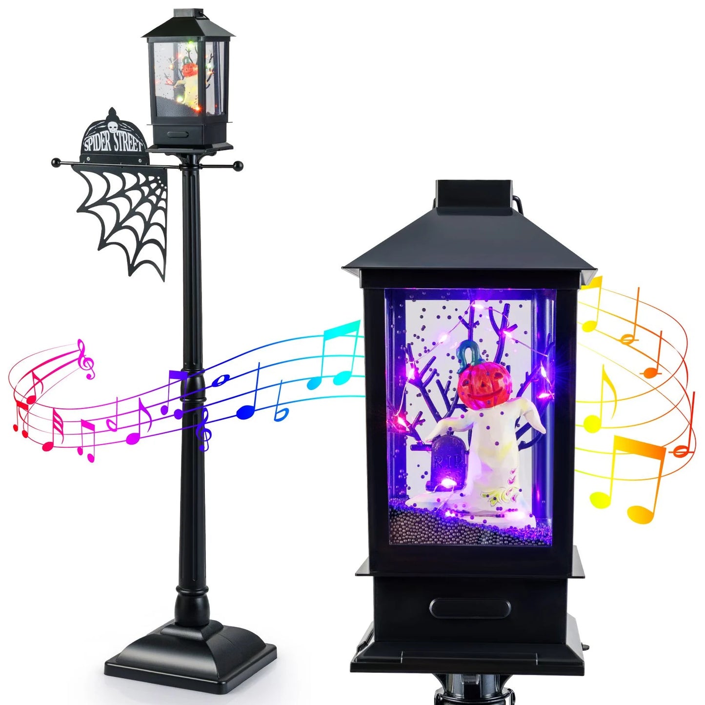 155 Cm Halloween Deko Straßenlampe Mit 6-Farbigen Led-Leuchten & Musik & Schwarzem Schneeeffekt