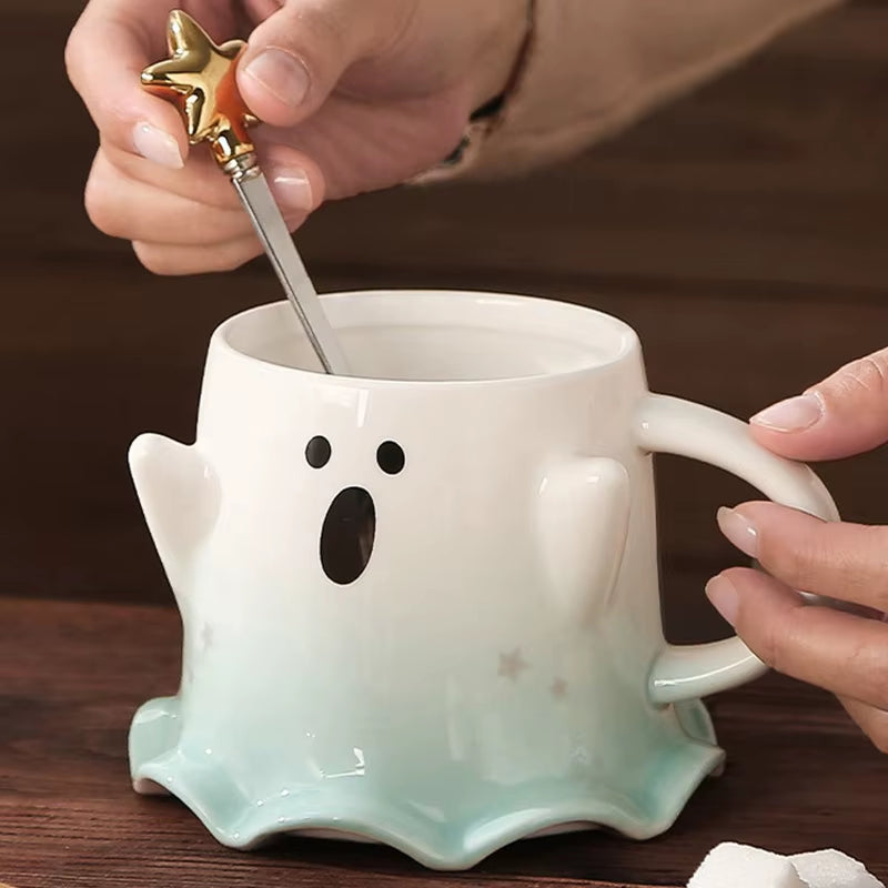 Halloween Ceramic Mugs Creative Ghost Coffee Milk Mug with Spoon Couple Water Cup Halloween Drinkware Festival Gifts Decoration