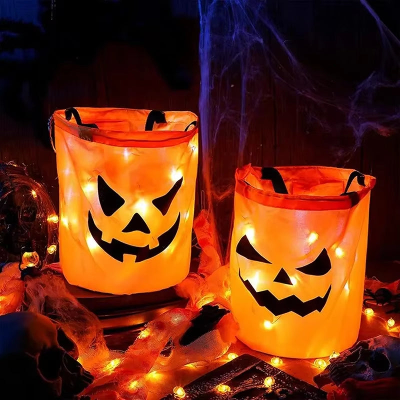 1-20PC LED Halloween Pumpkin Basket Light up Candy Tote Bag for Kids Trick or Treat Party Gift Bucket for Holiday Decoration Use