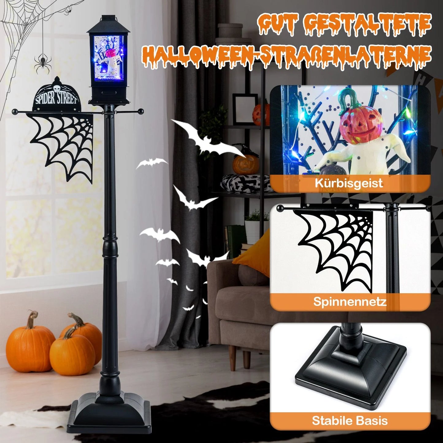 155 Cm Halloween Deko Straßenlampe Mit 6-Farbigen Led-Leuchten & Musik & Schwarzem Schneeeffekt