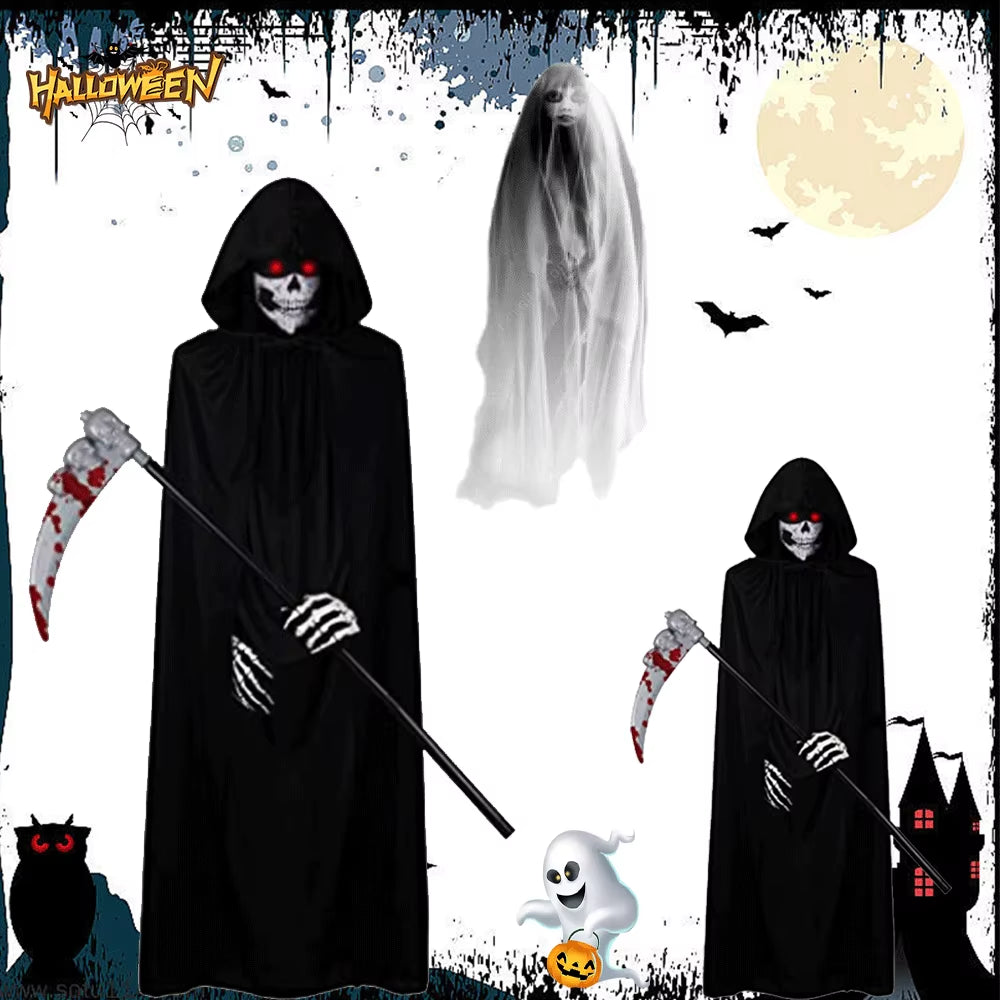 Scary Halloween Ghost Reaper Costume Hooded Cape Skull Mask Gloves Scythe Set Adult Kids Horror Grim Reaper Halloween Decoration