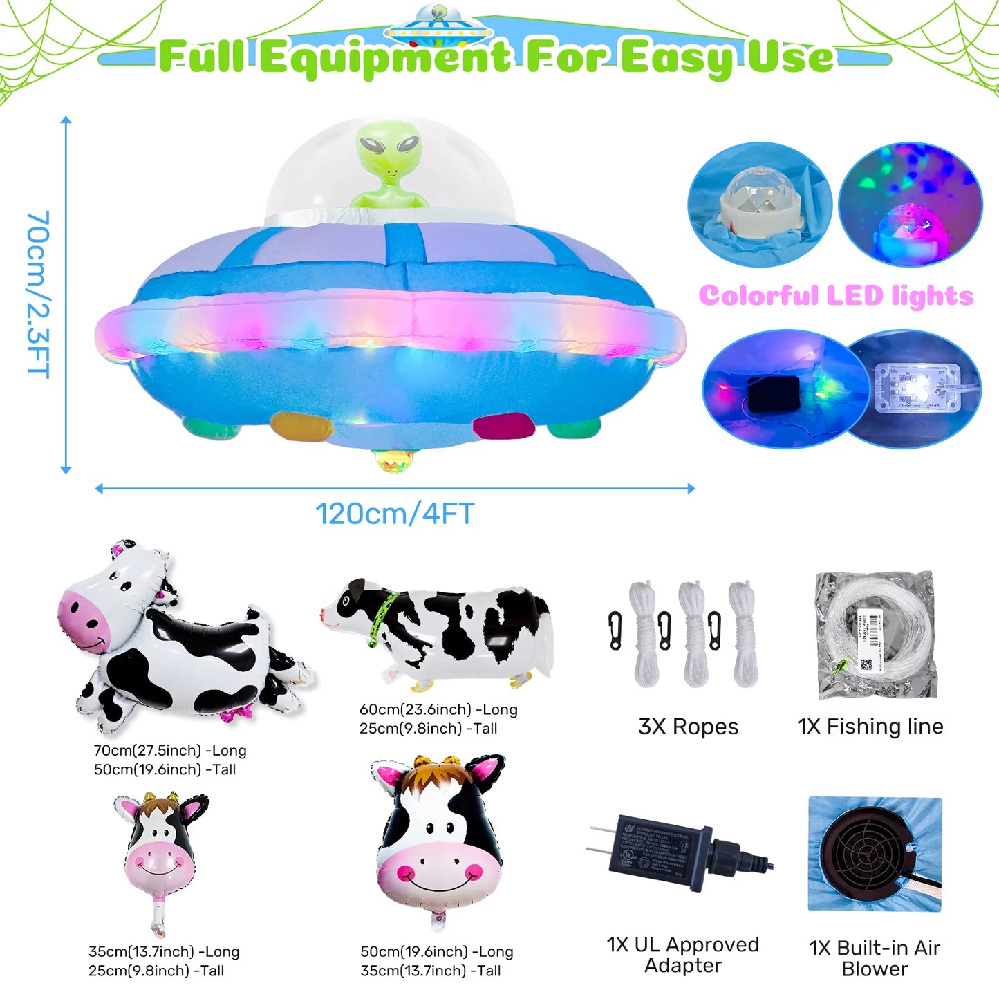Ourwarm 4FT Halloween Inflatable Outdoor Decoration, Hanging UFO Cow Abduction Inflatable, Alien Halloween Blow up Yard Decor