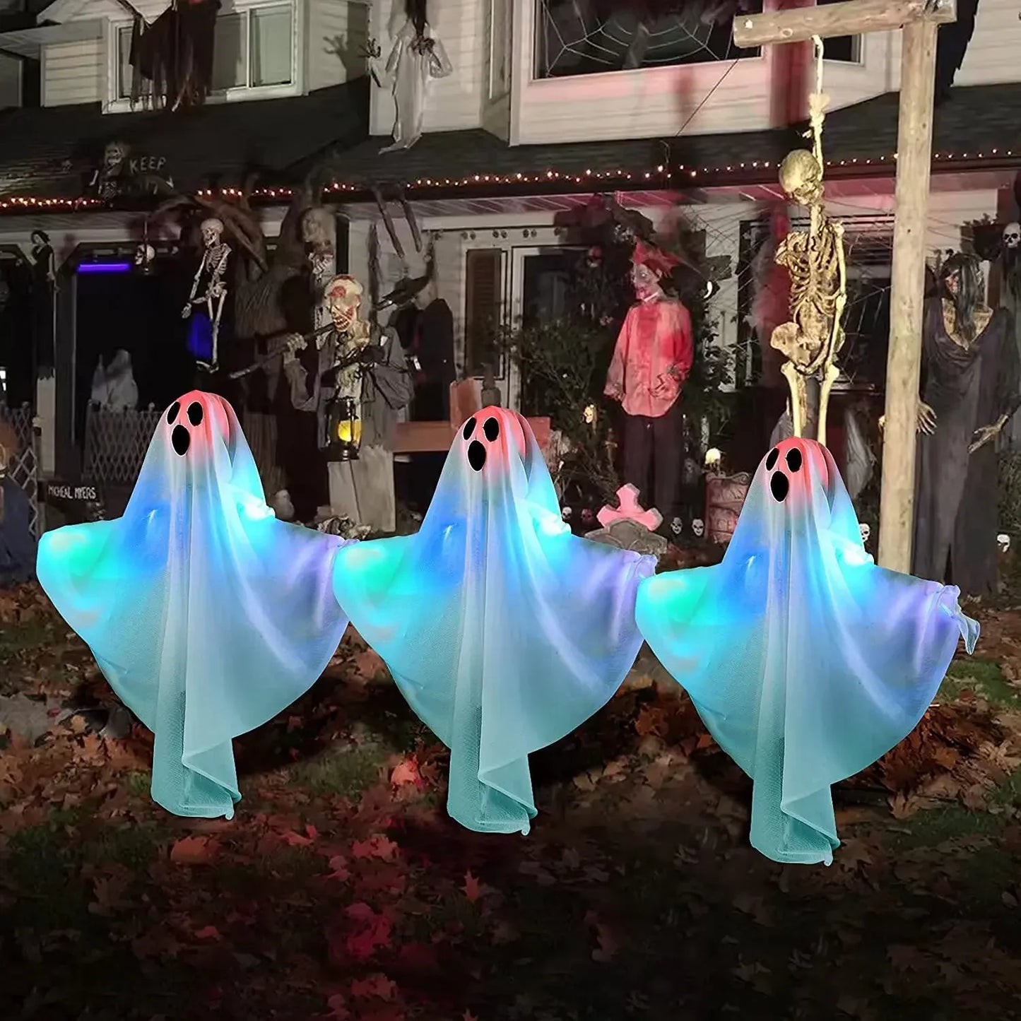 1-10PCS Halloween Scary LED Lights Glowing Hanging Ghost Venue Setting Horror Door Hanging Haunted House Props Halloween Props