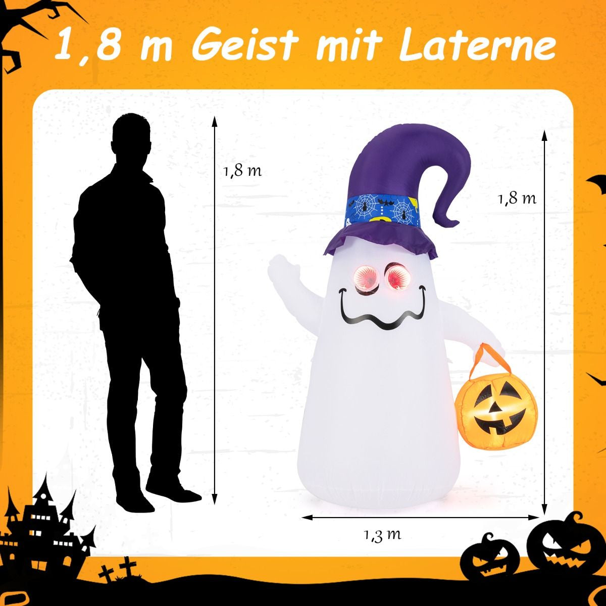 180CM LED Aufblasbarer Halloween-Geist Mit Kürbis Outdoor Schreckliche Dekogeist Halloween Deko