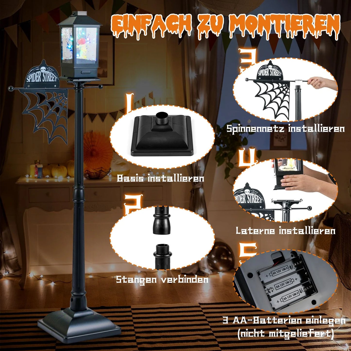 155 Cm Halloween Deko Straßenlampe Mit 6-Farbigen Led-Leuchten & Musik & Schwarzem Schneeeffekt