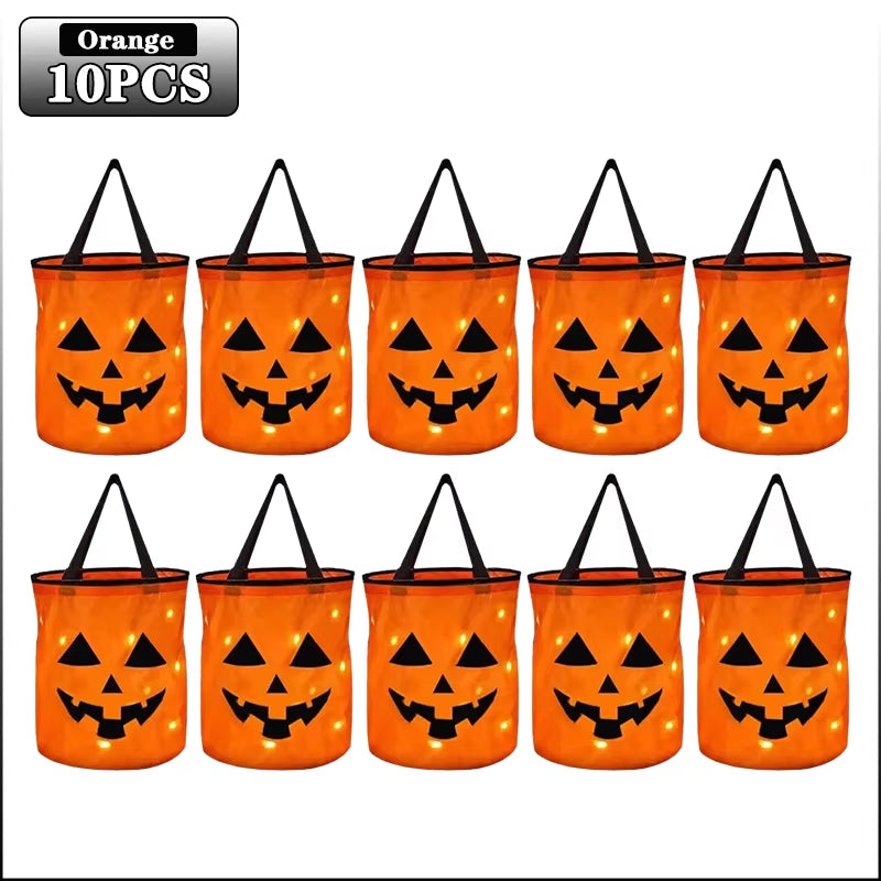 1-20PC LED Halloween Pumpkin Basket Light up Candy Tote Bag for Kids Trick or Treat Party Gift Bucket for Holiday Decoration Use