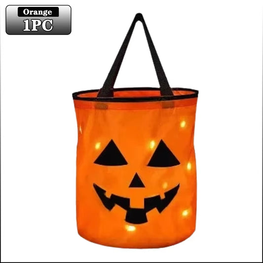 1-20PC LED Halloween Pumpkin Basket Light up Candy Tote Bag for Kids Trick or Treat Party Gift Bucket for Holiday Decoration Use