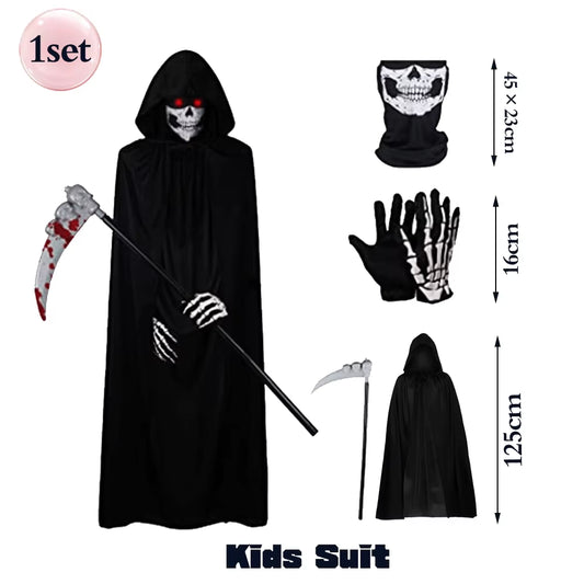 Scary Halloween Ghost Reaper Costume Hooded Cape Skull Mask Gloves Scythe Set Adult Kids Horror Grim Reaper Halloween Decoration