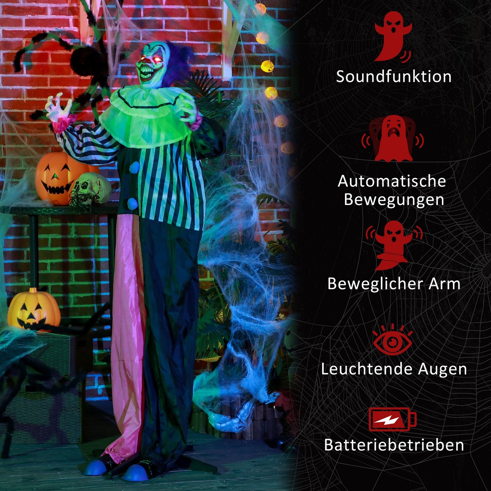 Halloween Dekoration 173 Cm Grusel-Clown Mit Led-Lichter, Soundfunktion