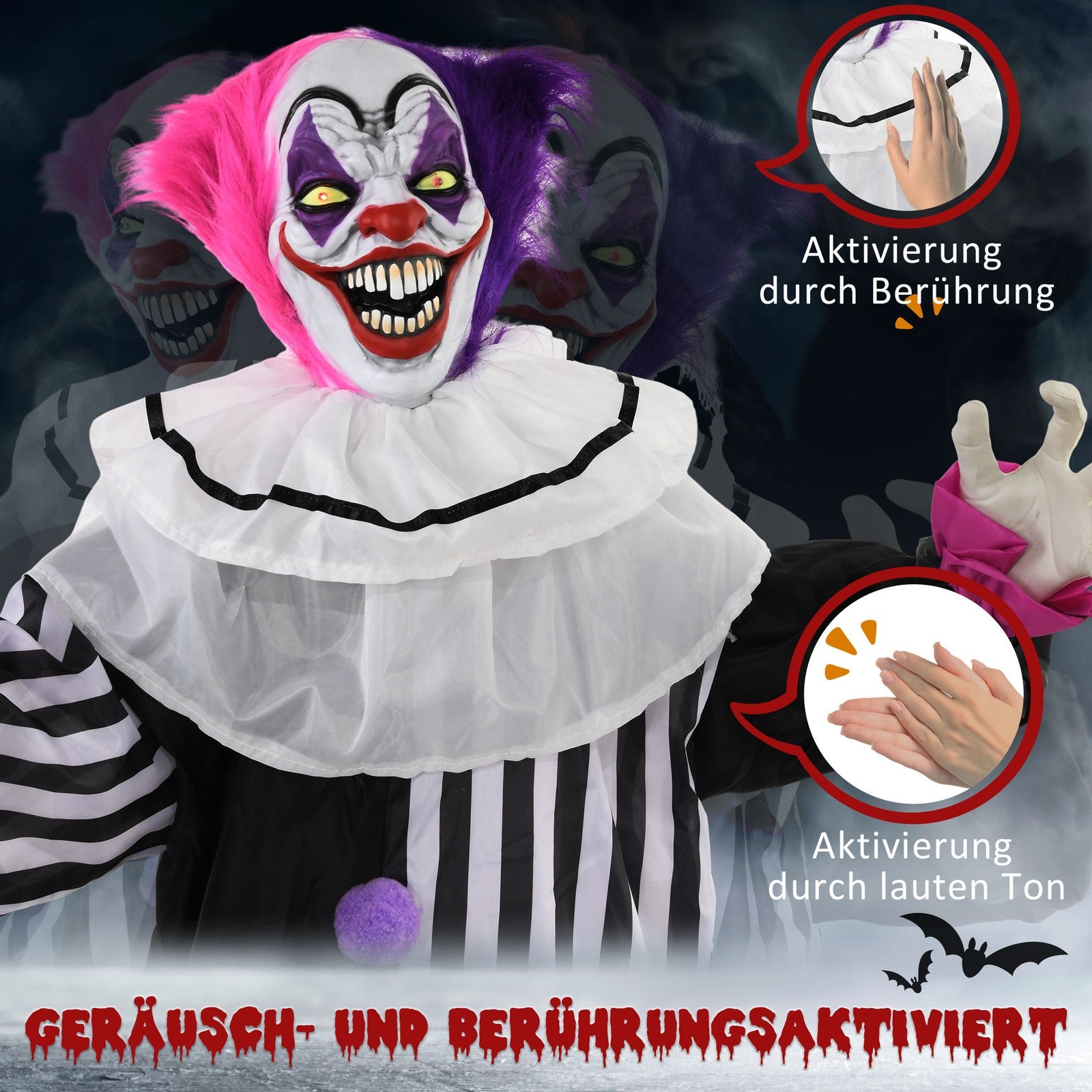 Halloween Dekoration 173 Cm Grusel-Clown Mit Led-Lichter, Soundfunktion
