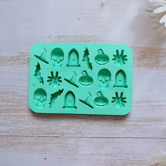 18 Cavities Halloween Silicone Molds Ghost Pumpkin Bat Skull Witch Hat for DIY Halloween Chocolate Candy Baking Mold